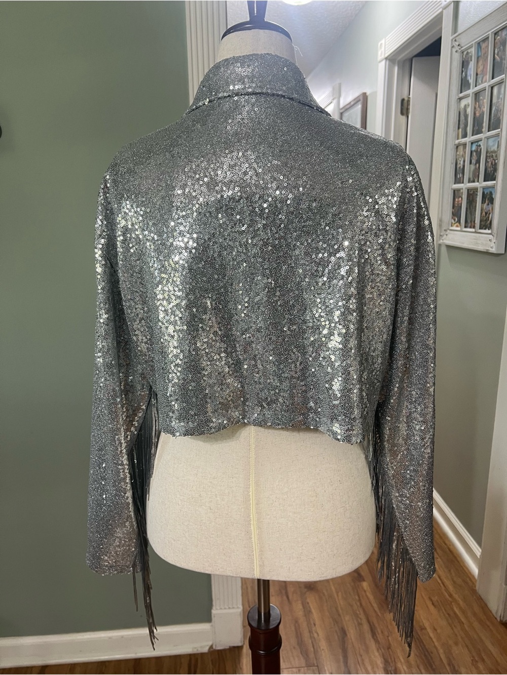 Silver Sequin Fringe Crop Jacket - Women's Party Top - Picture 6 of 7